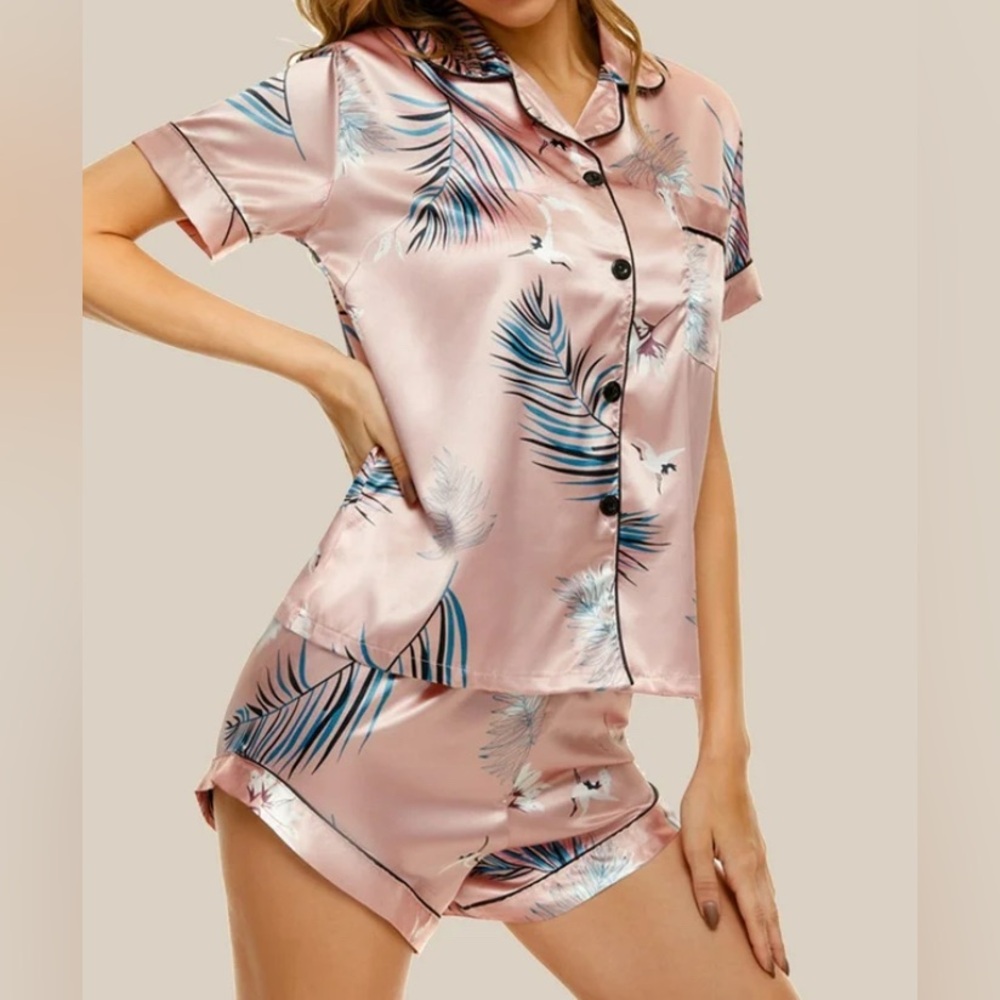 3 Piece Set Pink Silky Crane‎ Graphic Print Pajamas Lyaner
